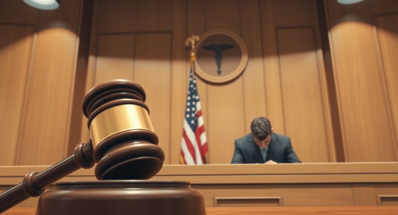 SBF new trial rejected in court, with judge's gavel and defendant in background