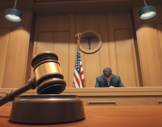 SBF new trial rejected in court, with judge's gavel and defendant in background