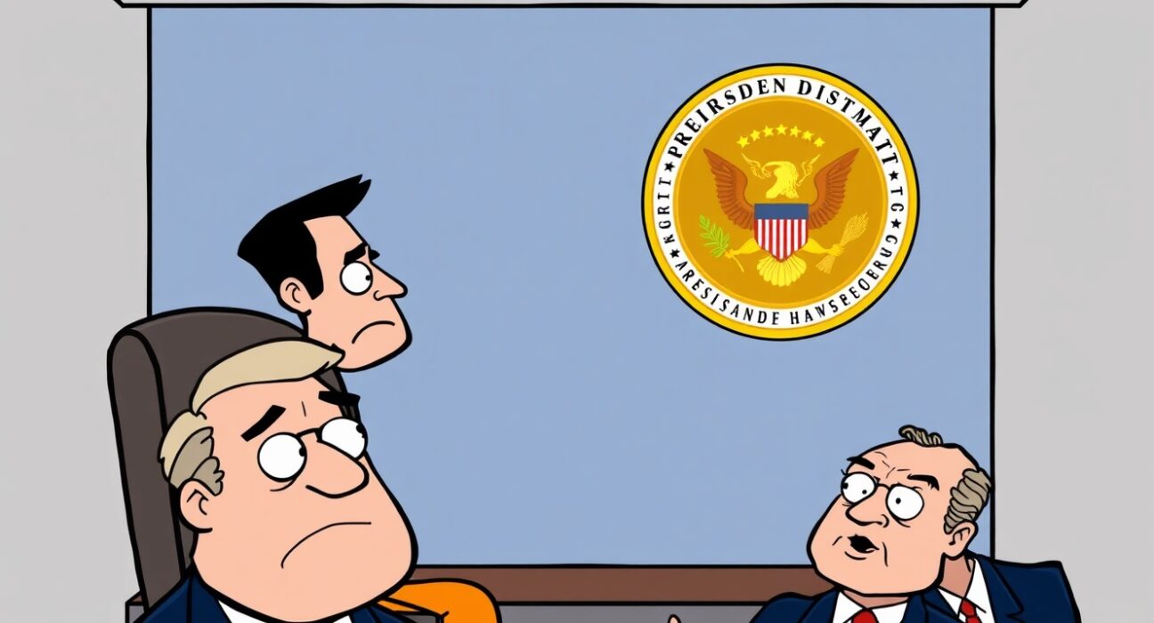 Cartoon illustration of Sam Bankman-Fried's hinted strategy for a presidential pardon in a courtroom setting.