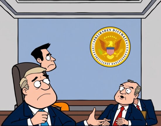 Cartoon illustration of Sam Bankman-Fried's hinted strategy for a presidential pardon in a courtroom setting.