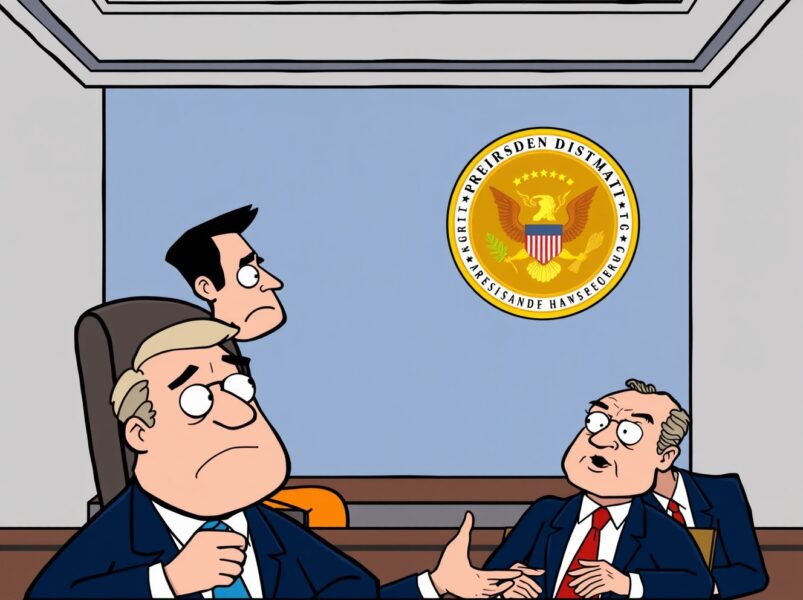 Cartoon illustration of Sam Bankman-Fried's hinted strategy for a presidential pardon in a courtroom setting.
