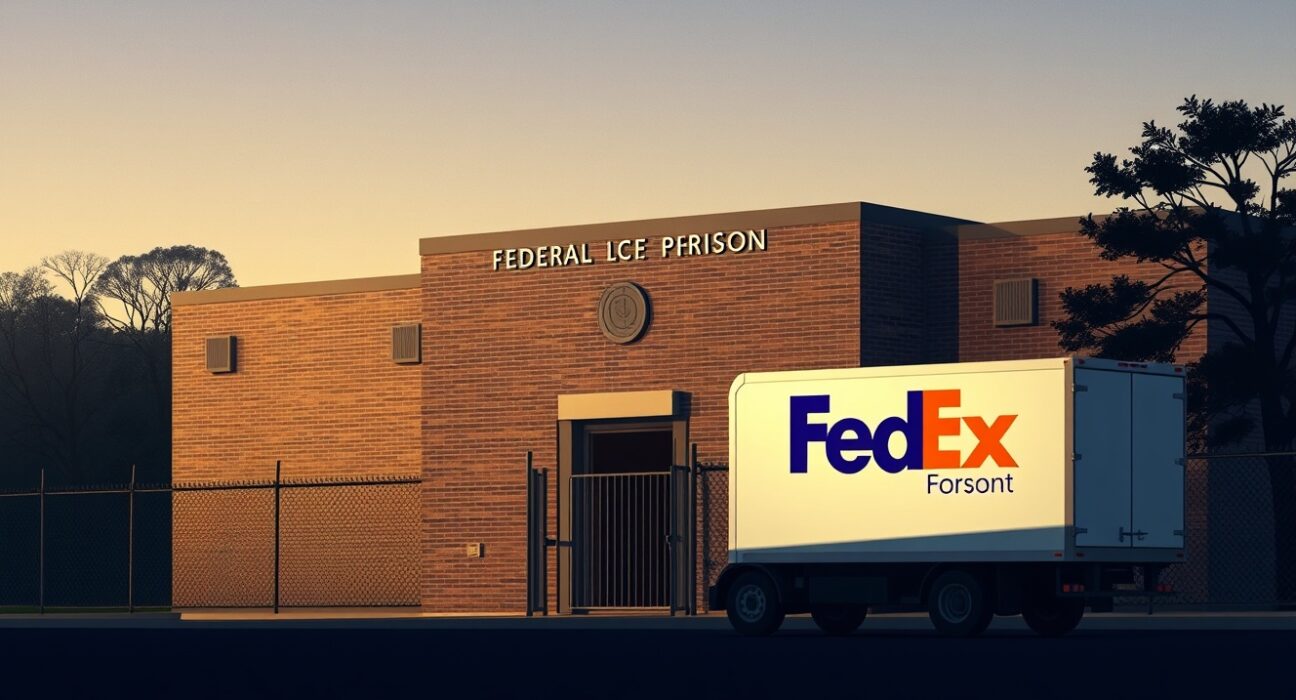 Federal prison exterior with FedEx delivery truck as US prosecutors question SBF letter authenticity