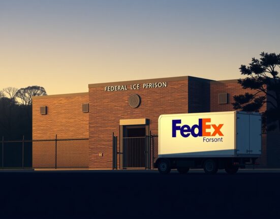 Federal prison exterior with FedEx delivery truck as US prosecutors question SBF letter authenticity