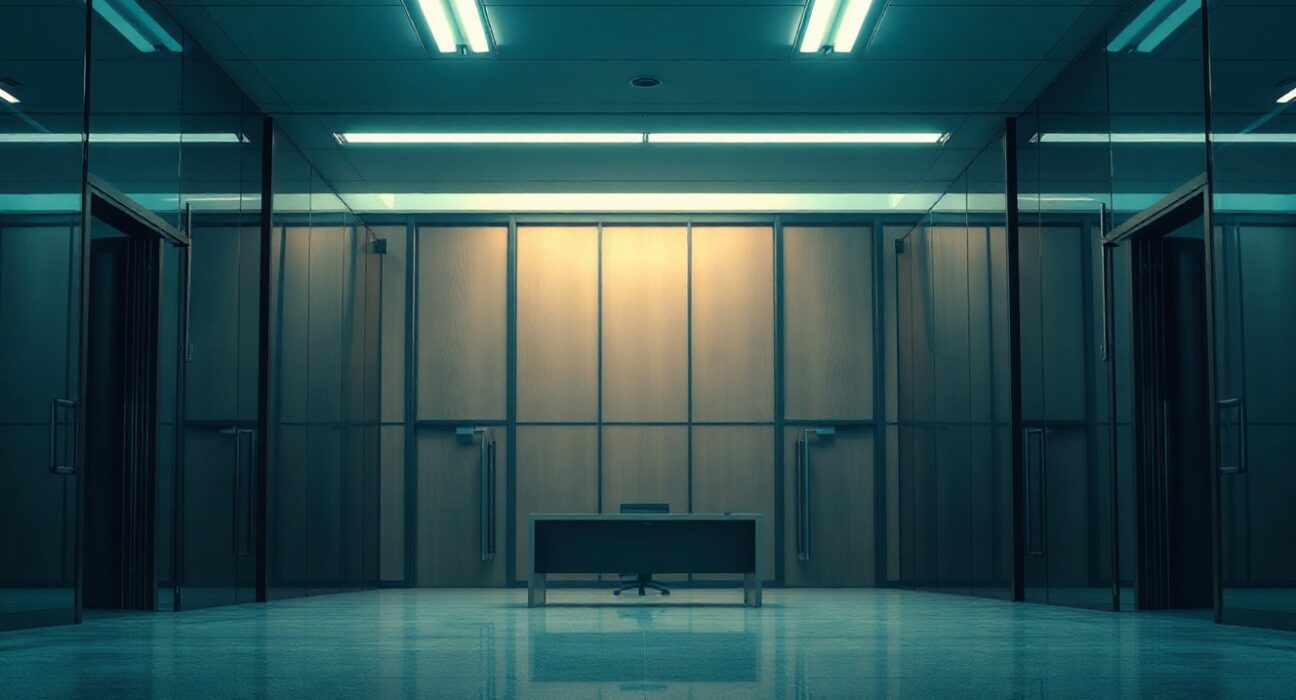 Empty office lobby representing FTX headquarters after bankruptcy, symbolizing lost value.