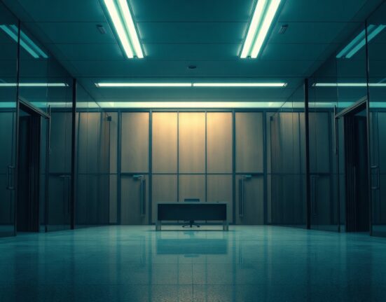 Empty office lobby representing FTX headquarters after bankruptcy, symbolizing lost value.