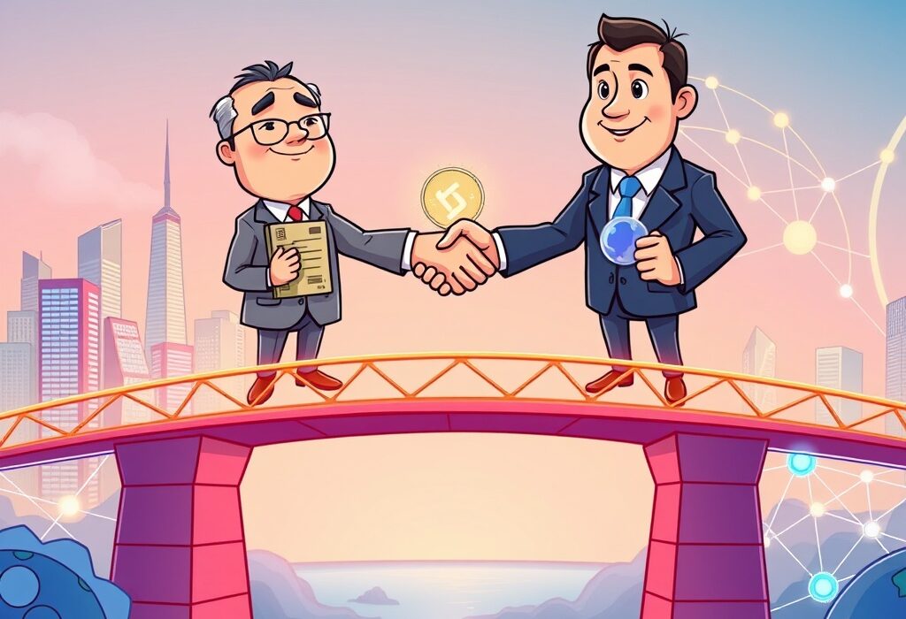 Cartoon showing SBI and Chainlink shaking hands over a digital asset bridge, symbolizing their partnership for institutional digital asset adoption.