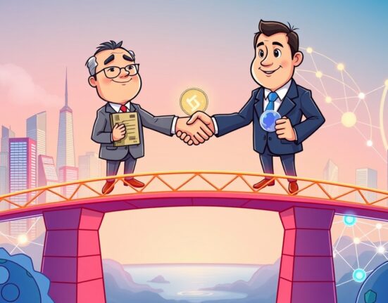 Cartoon showing SBI and Chainlink shaking hands over a digital asset bridge, symbolizing their partnership for institutional digital asset adoption.