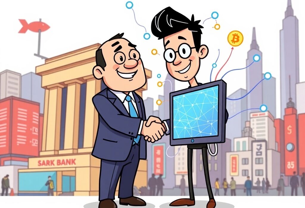 Illustrative cartoon showing SBI Holdings' strategic SBI CoinPost acquisition, merging traditional finance with Web3 media.