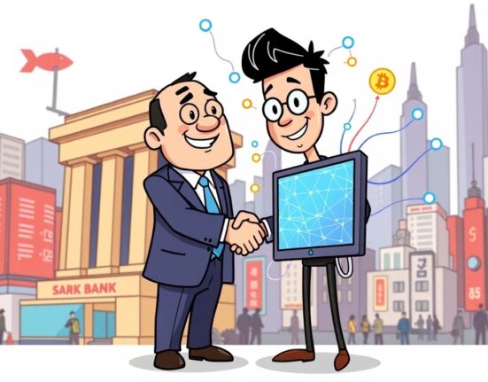 Illustrative cartoon showing SBI Holdings' strategic SBI CoinPost acquisition, merging traditional finance with Web3 media.