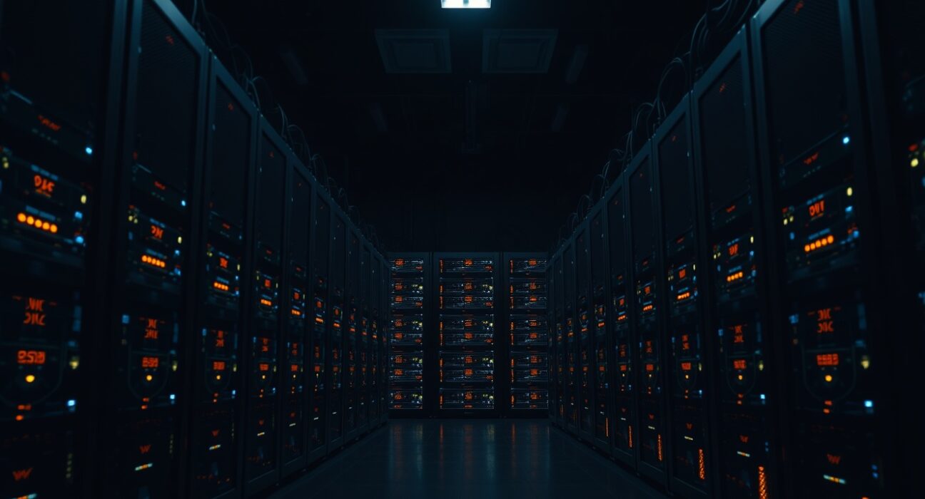 Dimly lit data center with rows of cryptocurrency mining rigs emitting orange and blue lights