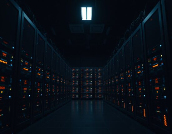Dimly lit data center with rows of cryptocurrency mining rigs emitting orange and blue lights