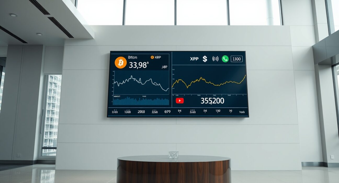 Digital display showing Bitcoin and XRP price charts in a Tokyo corporate office lobby