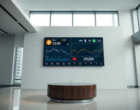 Digital display showing Bitcoin and XRP price charts in a Tokyo corporate office lobby