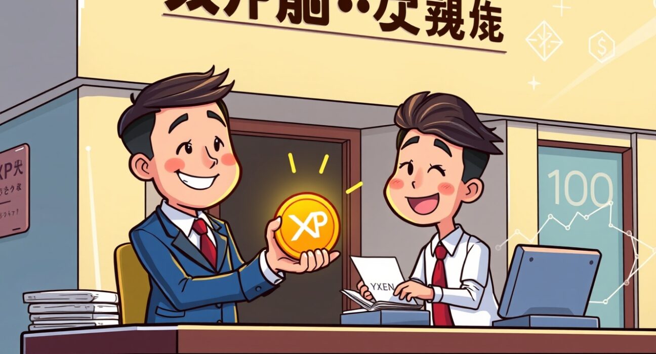 An illustration showing SBI Group XRP rewards being given to a new customer, symbolizing crypto adoption in Japan.