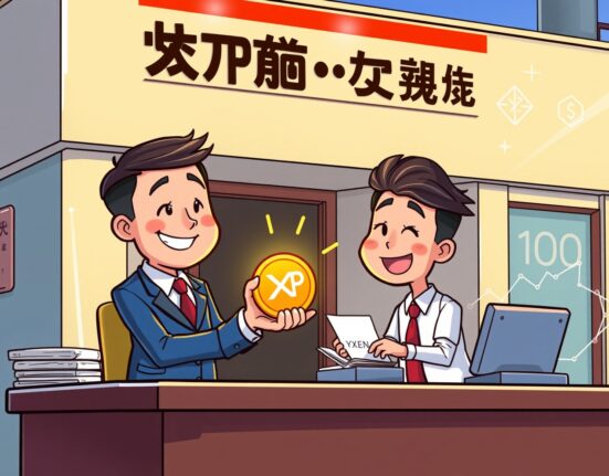 An illustration showing SBI Group XRP rewards being given to a new customer, symbolizing crypto adoption in Japan.