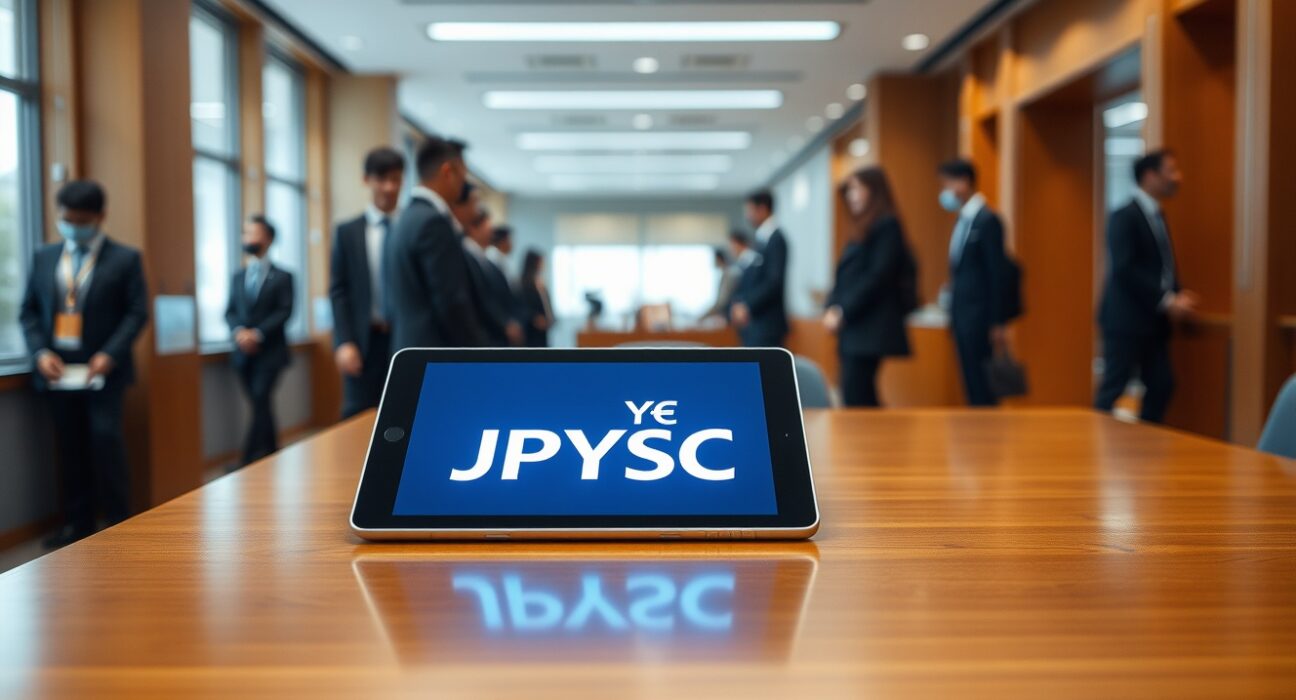 Digital tablet displaying JPYSC stablecoin logo and yen symbol on a desk in a modern Tokyo bank office.