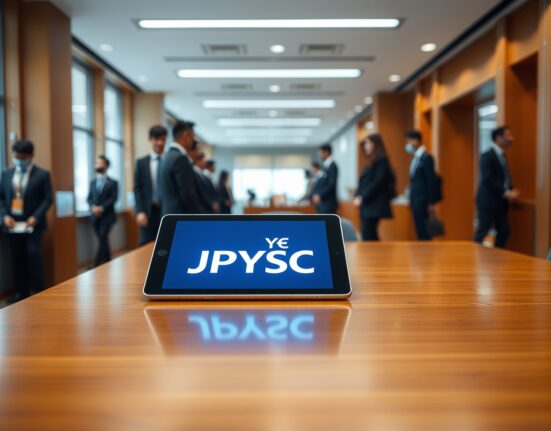 Digital tablet displaying JPYSC stablecoin logo and yen symbol on a desk in a modern Tokyo bank office.