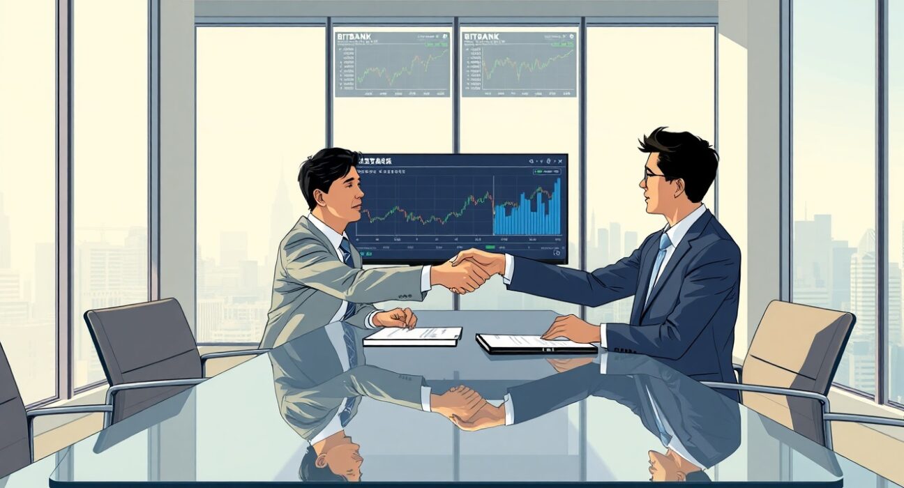 SBI Holdings and Bitbank executives shaking hands in a Tokyo boardroom, representing the Japanese crypto exchange acquisition deal.