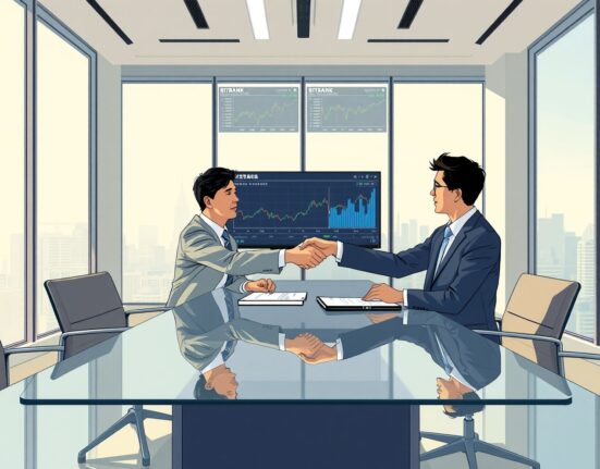 SBI Holdings and Bitbank executives shaking hands in a Tokyo boardroom, representing the Japanese crypto exchange acquisition deal.