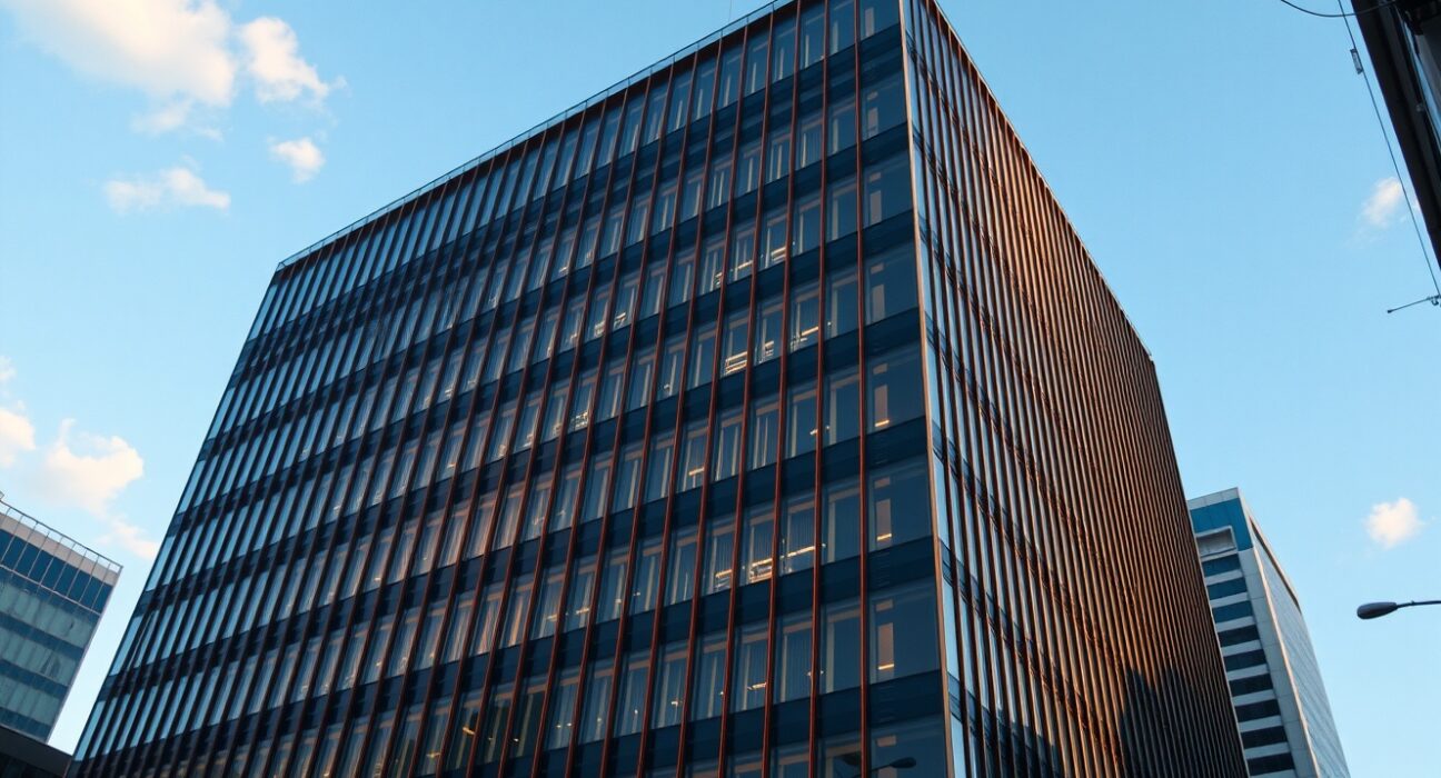 SBI Holdings headquarters in Tokyo, Japan, with a digital blockchain overlay symbolizing its on-chain transition strategy.