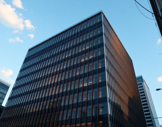SBI Holdings headquarters in Tokyo, Japan, with a digital blockchain overlay symbolizing its on-chain transition strategy.