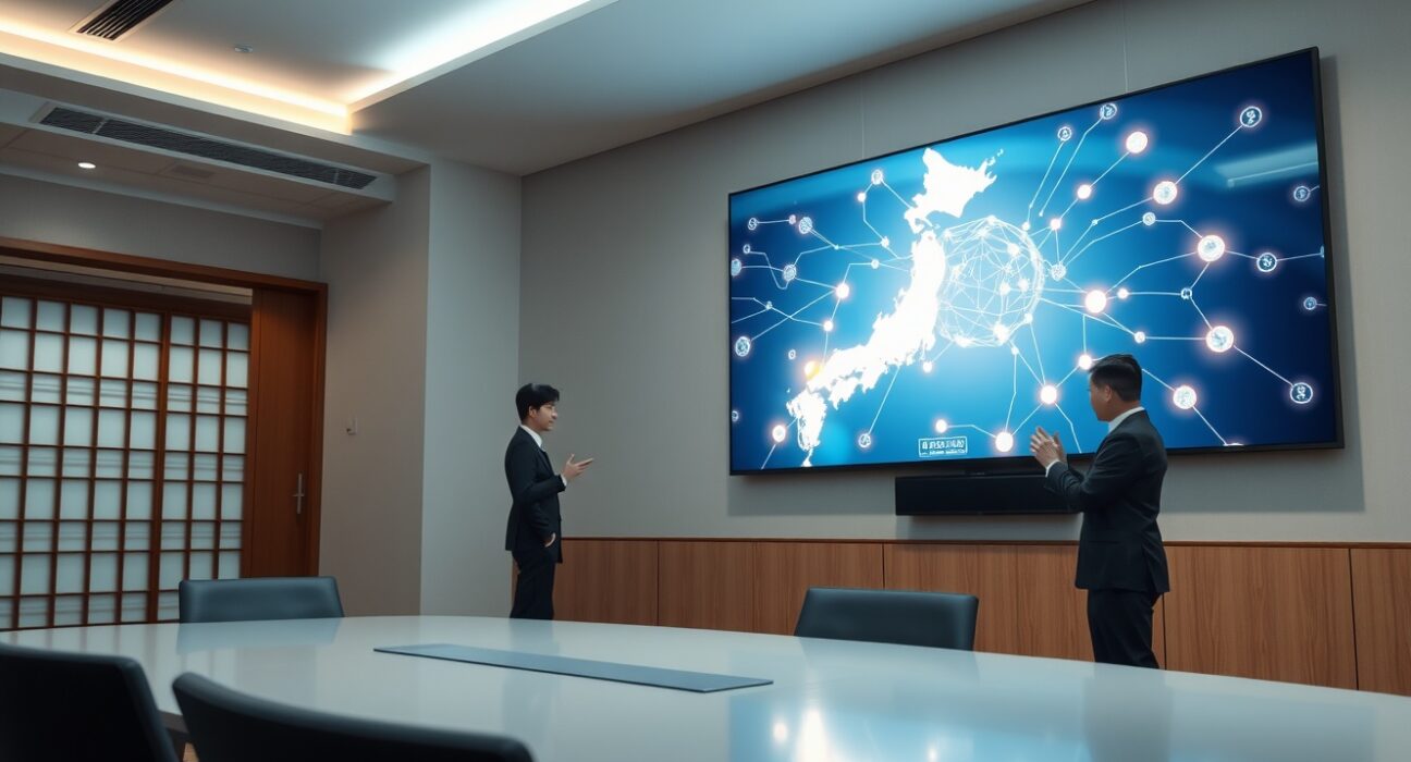 Two business professionals in a Tokyo boardroom discussing blockchain technology displayed on a large screen