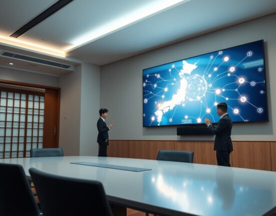 Two business professionals in a Tokyo boardroom discussing blockchain technology displayed on a large screen