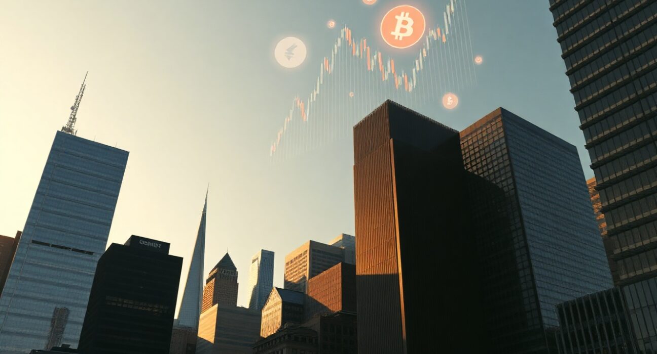 SBI Holdings links XRP weakness to delayed U.S. CLARITY Act progress, with financial district skyline and digital crypto symbols.