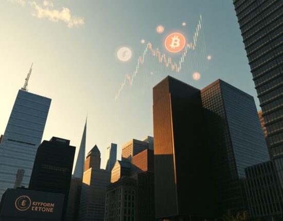 SBI Holdings links XRP weakness to delayed U.S. CLARITY Act progress, with financial district skyline and digital crypto symbols.