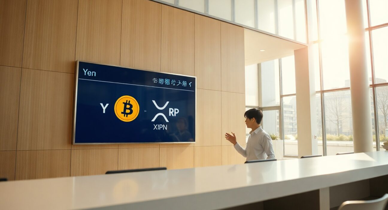 Japanese bank interior with digital display showing Bitcoin, Ethereum, and XRP logos