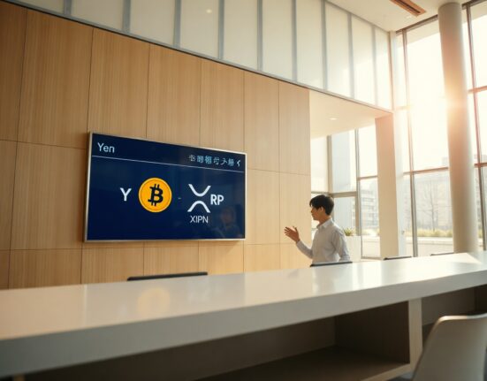 Japanese bank interior with digital display showing Bitcoin, Ethereum, and XRP logos