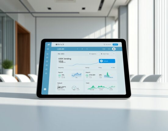 SBI VC Trade USDC lending service dashboard interface on tablet representing new retail investment opportunity.