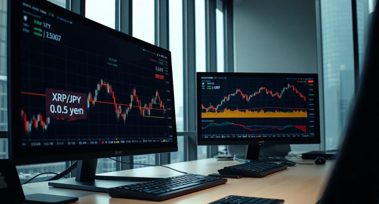SBI VC Trade trading desk with monitors showing XRP/JPY charts and a reduced spread of 0.5 yen.