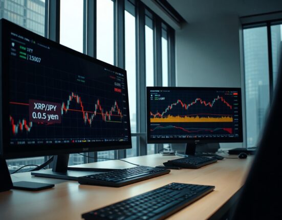 SBI VC Trade trading desk with monitors showing XRP/JPY charts and a reduced spread of 0.5 yen.