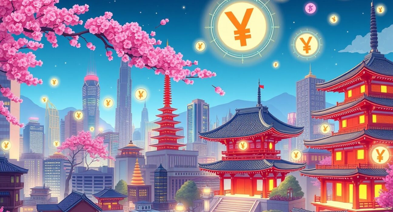 A vibrant cartoon illustrating the revolutionary yen stablecoin connecting traditional and digital Japanese finance.