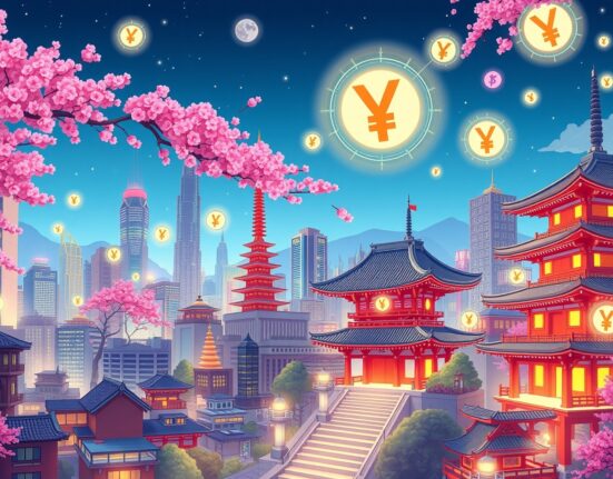 A vibrant cartoon illustrating the revolutionary yen stablecoin connecting traditional and digital Japanese finance.