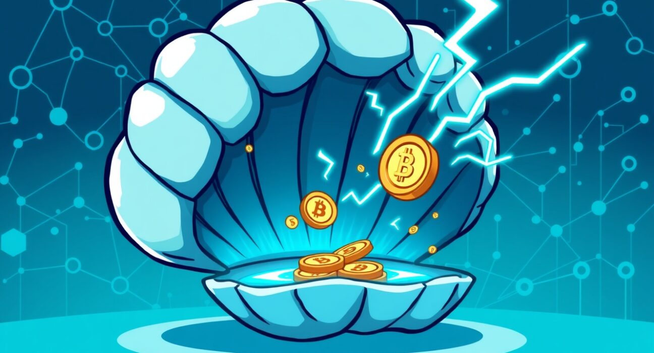 Scallop flash loan feature illustrated as a digital portal for instant crypto transactions on the Sui blockchain.