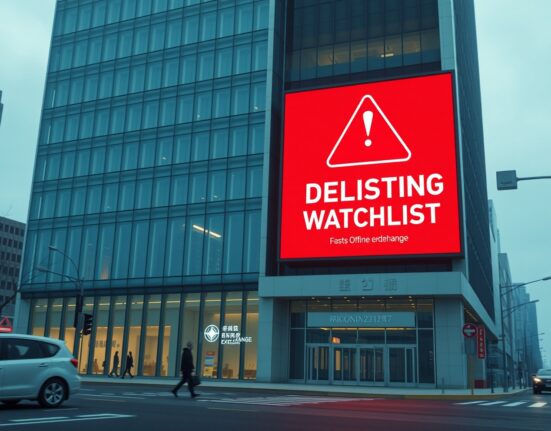 Scallop SCA delisting warning screen on a building in Seoul, representing Coinone's security incident alert.