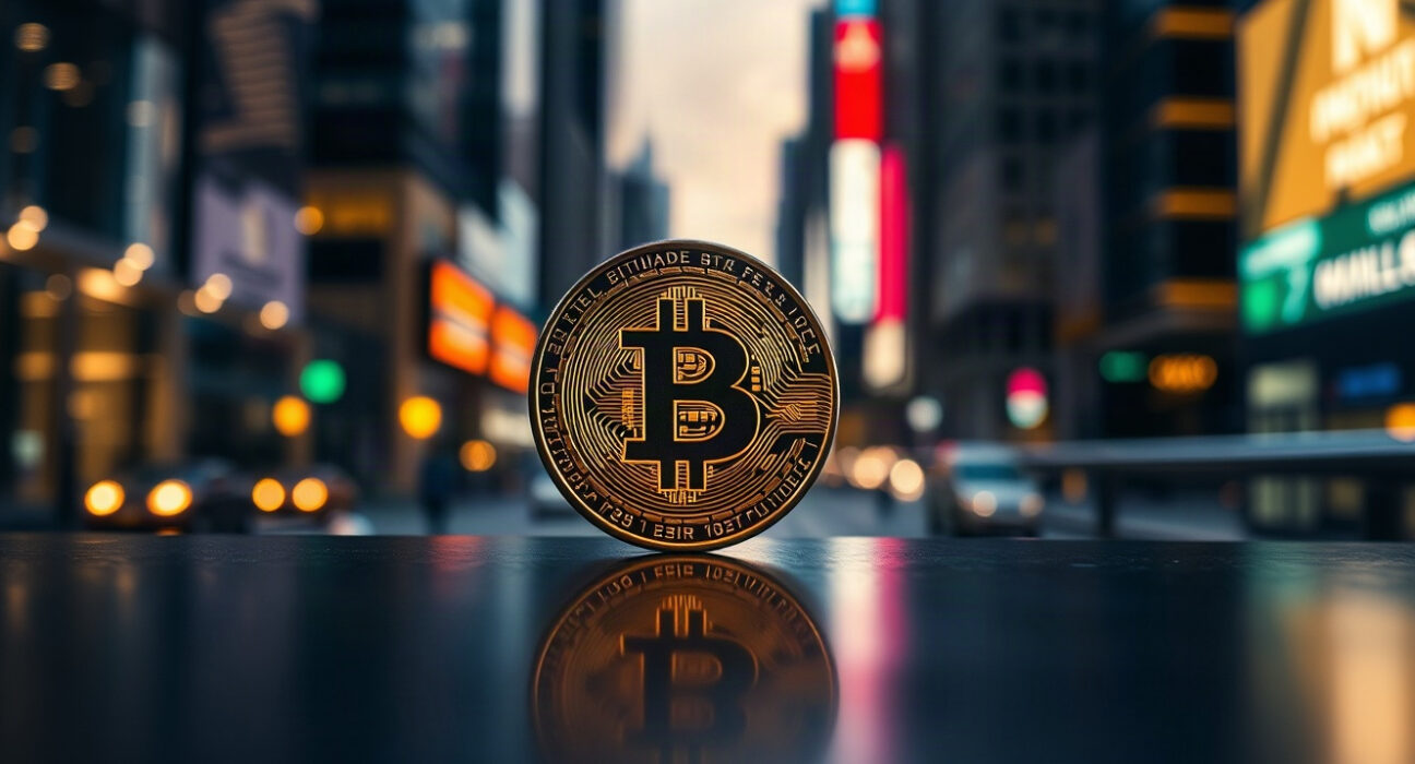Bitcoin coin glowing on reflective surface with city lights in background