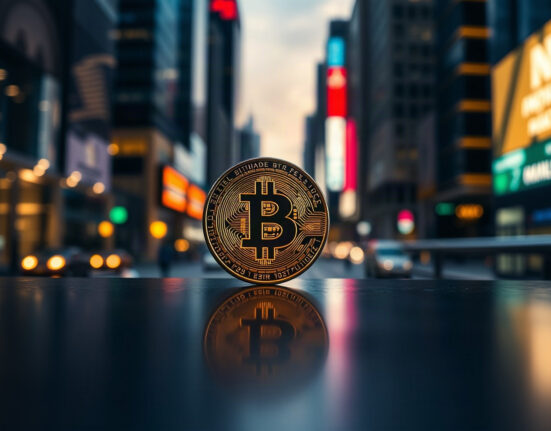 Bitcoin coin glowing on reflective surface with city lights in background
