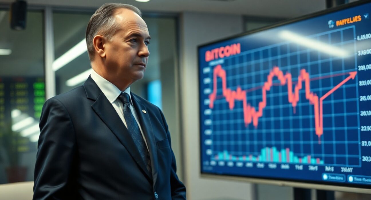 Peter Schiff in a financial office looking at a Bitcoin price chart showing losses
