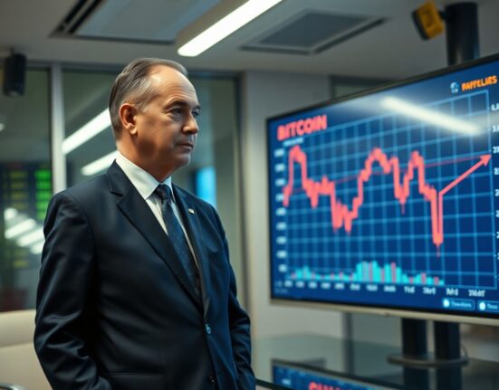 Peter Schiff in a financial office looking at a Bitcoin price chart showing losses