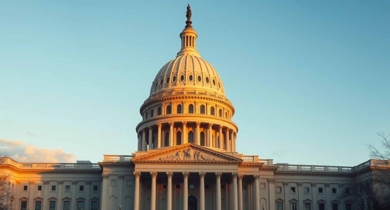 US Capitol building during golden hour, representing legislative activity on crypto regulation.