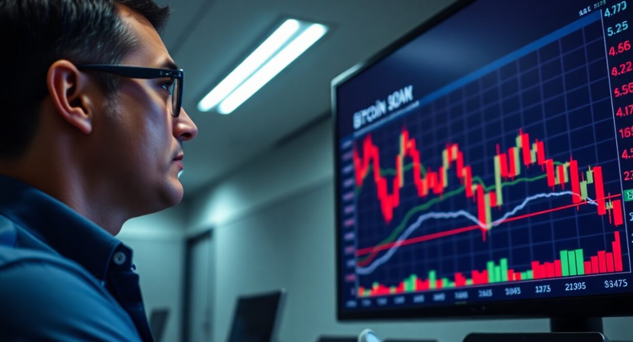 Financial analyst observing Bitcoin price decline on screen in modern office
