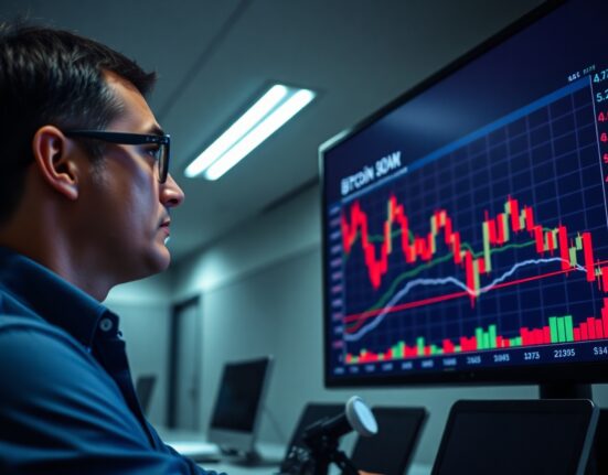 Financial analyst observing Bitcoin price decline on screen in modern office