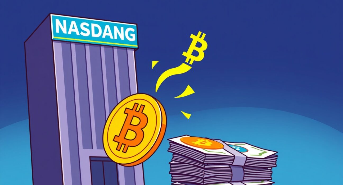 A cartoon shows a corporate entity completing a Scilex Bitcoin deal, symbolizing a significant shift in institutional finance towards digital assets.