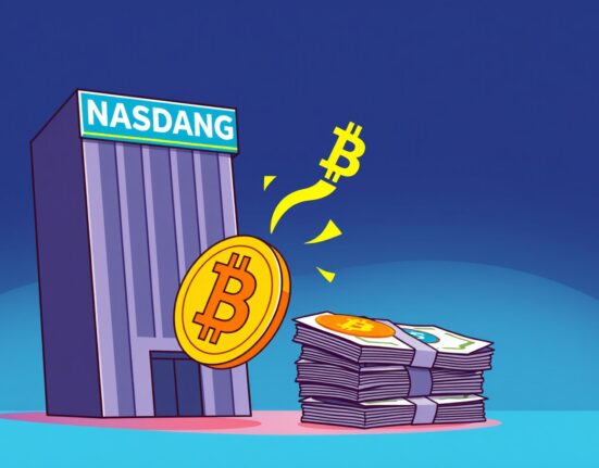 A cartoon shows a corporate entity completing a Scilex Bitcoin deal, symbolizing a significant shift in institutional finance towards digital assets.