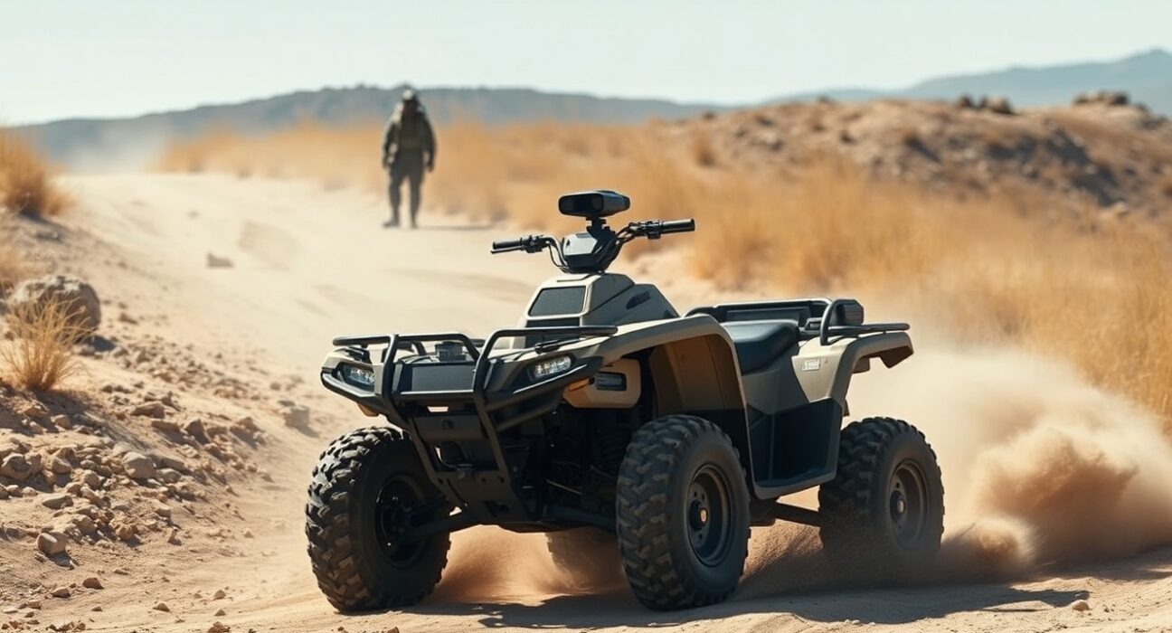 Scout AI autonomous ATV navigating a dusty trail at a military base during AI training for defense applications.