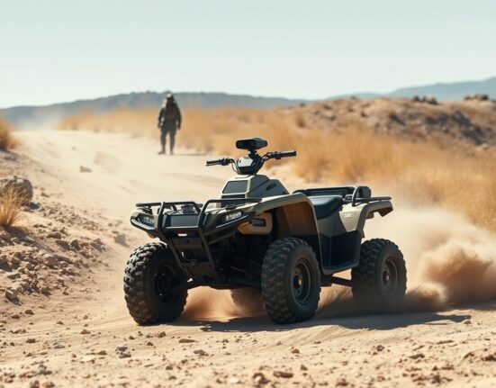 Scout AI autonomous ATV navigating a dusty trail at a military base during AI training for defense applications.
