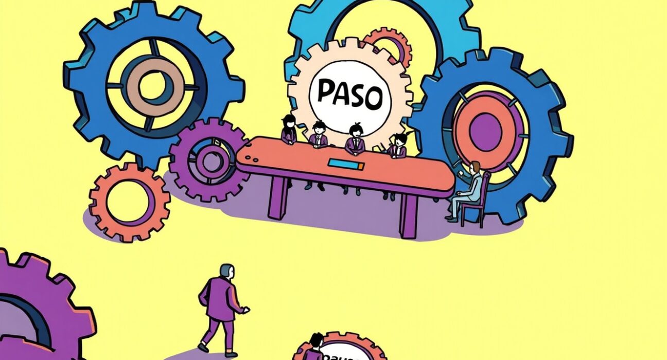 Cartoon showing Scroll DAO governance paused with executives stepping away, signaling temporary suspension and redesign.